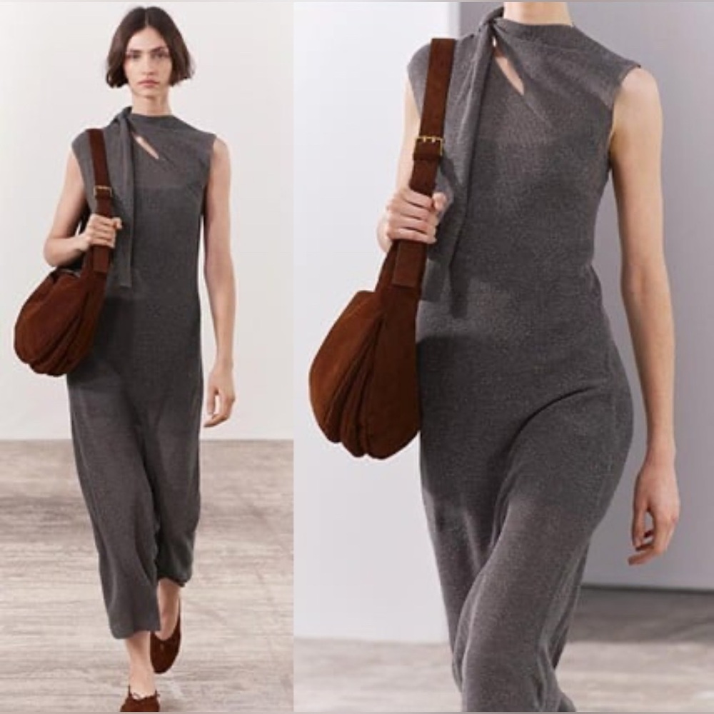 Sleeveless Gray Knit Midi Dress with Tie Neck